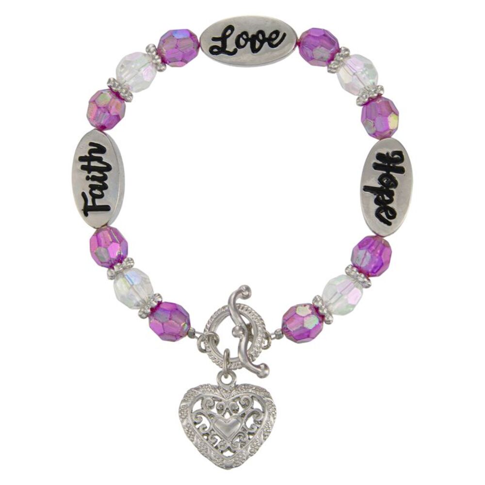 Faith Hope Love Beaded February Birthstone Bracelet with Silver Heart Charm